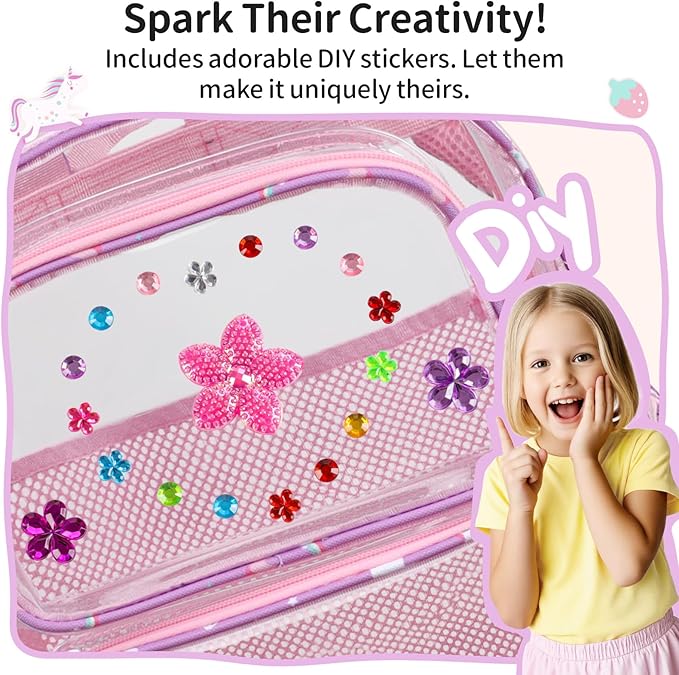 Clear Backpack for Girls, 15 Inch Heavy Duty Transparent Bookbag for Kindergarten to 2nd Grade, PVC See Through Daypack with Reflective Straps, Fits Standard Folders, Purple Cute Unicorn