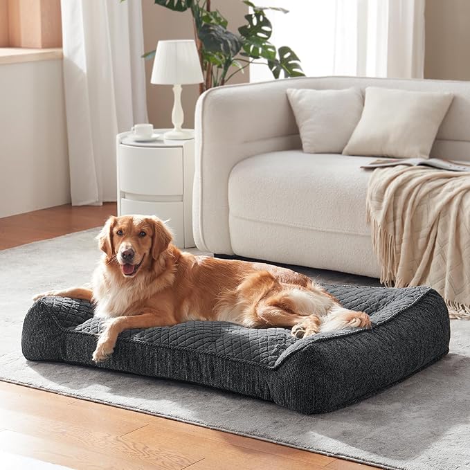 JOEJOY XL Orthopedic Dog Bed for Large Dogs Up to 80lbs - Extra Thick Foam Pet Bed Sofa with Bolster Sides, Large Sized Dog Couch Bed with Removable Washable Cover, Non-Slip Bottom, Grey (42"x30")