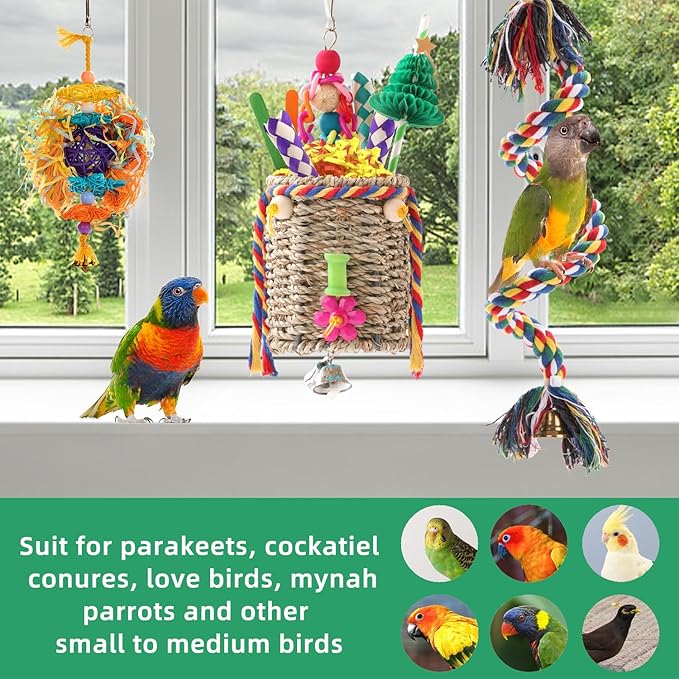 RLRICH 3 Pack Bird Toys Parrot Foraging Toys, Seagrass Basket Bird Chewing Toys with Colorful Tearing Paper Bamboo Fingers Natural Nut Wooden Blocks for Small Medium Parrot Bird