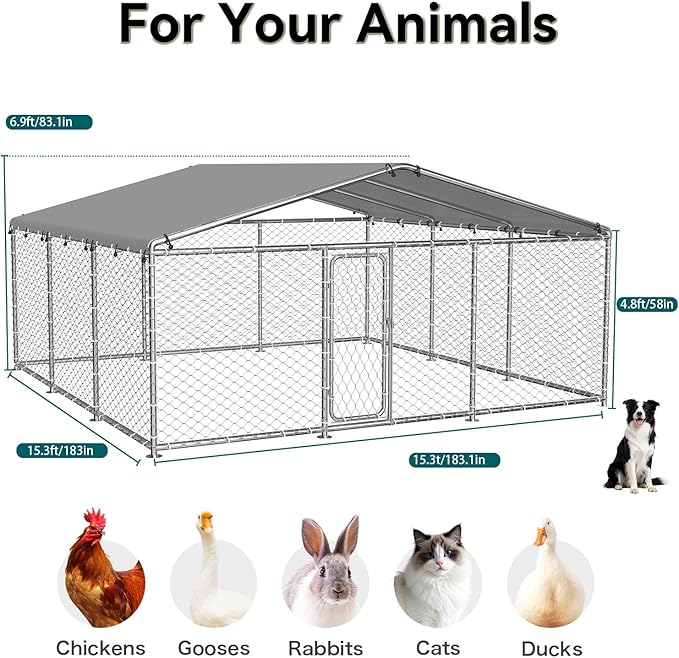 15x15 FT Large Outdoor Dog Kennel – Heavy-Duty Dog Enclosure with Wire Mesh Fence, Lock & Waterproof Cover for Large Dogs