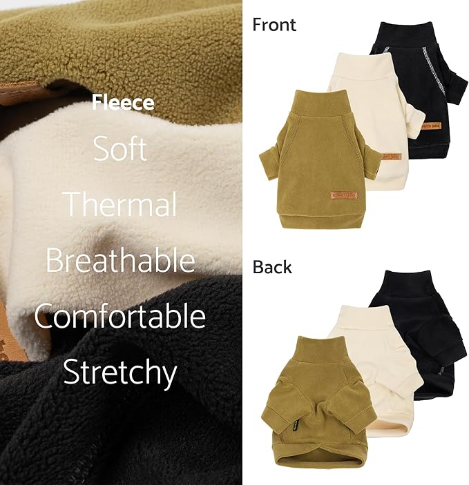 Fitwarm 3 Pack Classic Fleece Dog Sweater, Winter Clothes for Small Dogs Boy Girl, Turtleneck Dog Sweatshirt, Pet Pullover Jumper, Cat Apparel, Black, Olive Green, Cream, Medium