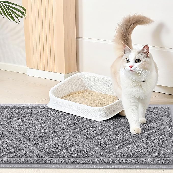 Smiry Cat Litter Box Mat 30x20, Non-Slip Water Resistant Litter Trapping Mat, Easy Clean Less Waste and Urine-Locking Cat Carpet for Indoor, Grey