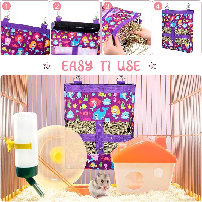 2 Pieces Guinea Pig Hay Bag Washable Pet Rabbit Hay Feeder Bag with 2 Holes Cute Small Animal Hanging Feeder Sack Storage for Rabbit Guinea Pig Chinchilla Hamster Small Pets (Mermaid, Unicorn)