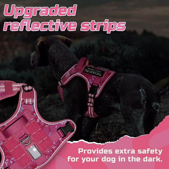 rabbitgoo Tactical Dog Harness for Large Dogs, No Pull Military Service Vest with Handle & Molle, Easy Control for Training Walking, Adjustable Reflective Straps, Black & Rose Red, S