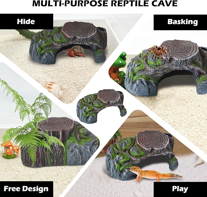 Resin Reptile Hide Cave,Leopard Gecko Cave Hideout Reptiles Habitat Tree Stump Decor Lizard Tank Climbing Ramp Basking Platform Accessories for Gecko Hermit Crab Small Turtle Frog Spider Scorpion