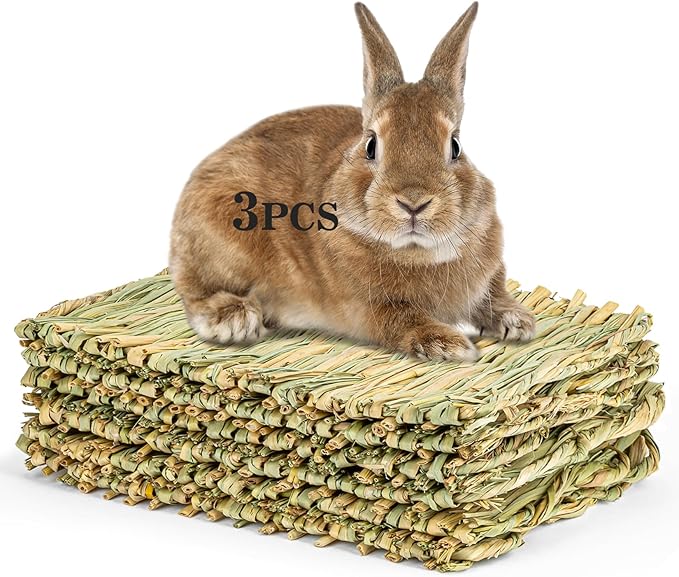 Sukh 3 PCS Rabbit Grass Mats - Natural Hay Woven Bunny Rabbit Bad Cage Mats Pet Bedding Cooling Sleeping Nesting & Toys for Hamster Bunny Chinchilla Guinea Pig Mouse Bird and Other Small Animals