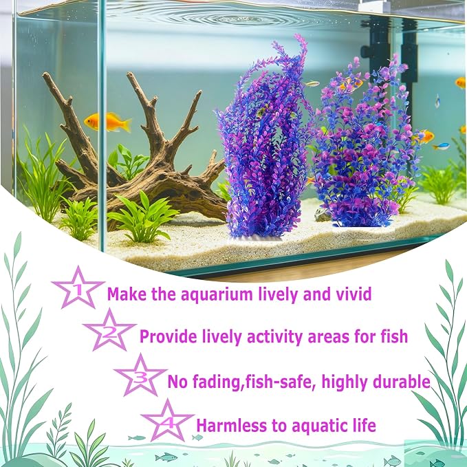 2 PCS Artificial Plants for Aquarium,23" Tall Fish Tank Plant Decor | Large Freshwater & Saltwater Lifelike Soft Plastic Plant Fish Tank Accessories with Stable Base(Purple)