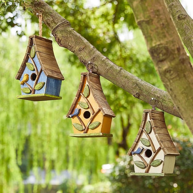 Glitzhome Bird Houses for Outdoors, Solid Wood Bluebird Houses for Outside, 9.5" H Garden Decorative Hanging Birdhouse with Natural Wood Pallet Roof for Finch Swallow Wren Chickadee,Washed Yellow