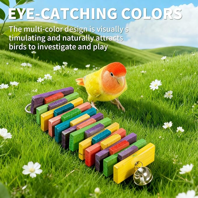 2 PCS 9.84" Multicolored Bird Toys - Stress Relief Chew Parrot Toys, Natural Wooden Blocks, Hanging Bird Cage Accessories, for Parakeets, Cockatiels, Conures, Budgies, Lovebirds
