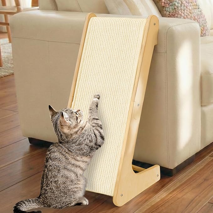 PETKARAY L Shape Cat Scratcher, Sisal Kitty Scratching Ramp, Vertical Scratch Pad for Indoor Cats, 25.2" Furniture Protector with Catnip, White