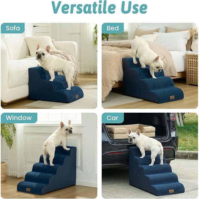 COZY KISS Wide Dog Stairs for Small Dog 15.7" H, Pet Step for Puppy, Older Cat, Curved Ramp for Couch, Durable Anti-Slip Ladder with High Density Foam, 3 Step, 17.7x22.4x15.7 inch, Navy Blue