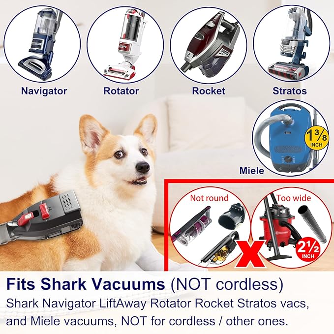 Portek Dog Brush Vacuum Attachment for Shark Navigator Lift Away NV360 Rotator NV501 Rocket HV301 HV322 Stratos AZ300..., Pet Hair Shedding Grooming Tool Kit with Extension Hose Adapters