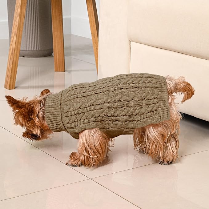 2 Pack Dog Sweaters for Small Dogs Winter Turtleneck Pullover Cable Knit Fleece Stretch Puppy Doggie Chihuahua Toy Poodle Yorkie Pomeranian Boy Girl Pet Clothes (S, Green & Brown)