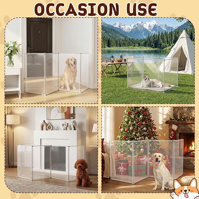 Sintuff Clear Plastic Dog Playpen Gate 8 Panel 165" W x 28" H Transparent Freestanding Pet Playpen Indoor Foldable Adhesive Pet Fence Barrier for Doorway for Small Dogs Puppy