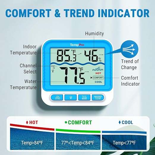 TempPro Waterproof Wireless Pool Thermometer Easy Read, Digital Pool Thermometer Floating for Swimming Pool, Hot Tub, Cold Plunge, Pond with 2 IPX8 Water Temperature Monitor (Previously ThermoPro)