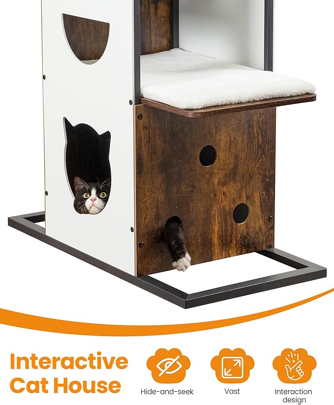 Wood Cat Tree Tower, 84 Inch Modern Extra Tall Cat Condo Trees for Indoor Cats Large Adult, XL Multi-Level Heavy Duty Wooden Sturdy Cat House Furniture with Platform Perch Bed Scratching Post