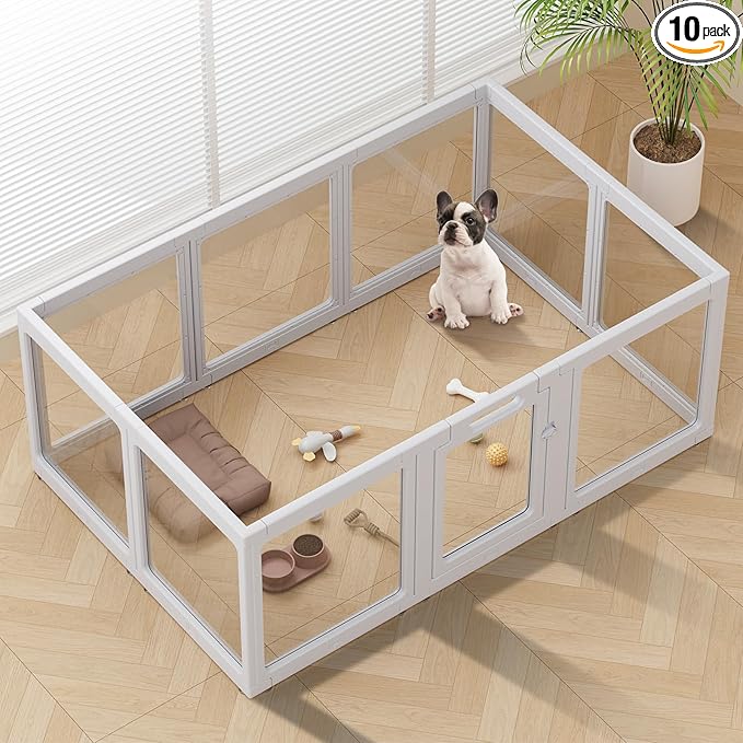 Clear Acrylic Dog Playpen Indoor, Puppy Cat Small Pet Play Pen, Pet Cat Playpen for Rabbits, Dog Fence Crate Kennel Whelping Cage (Grey, 10 Panel)
