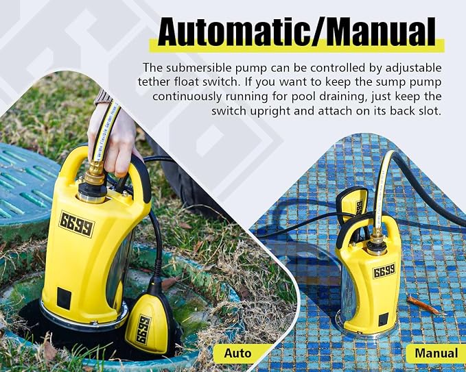 1/2HP Submersible Water Pump 2500GPH Stainless Steel Sump Pump with Adjustable Float Switch for Draining Water from Pool Hot Tub Flooded House Rain Barrel Pit Crawl Space