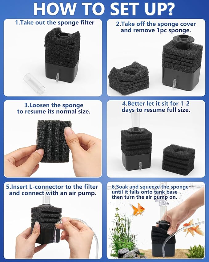Moonorange Aquarium Bio Sponge Filter Kit, Super-Quiet Submersible Fish Tank Foam Filter with 1 Spare Sponge and Full Accessories, Suits Tanks Within 20 Gallon (S Kit)