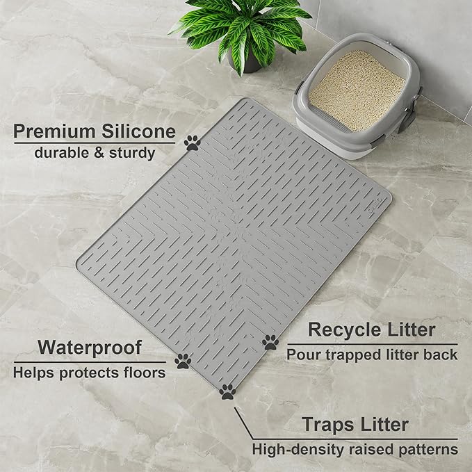 OHMO Cat Litter Mat Large Trapping Mat Premium Silicone Rubber 31.5x23.6 Grey, Waterproof and BPA Free Kitty Litter Box Mat, Easy to Clean and Keeps the Floor Tidy