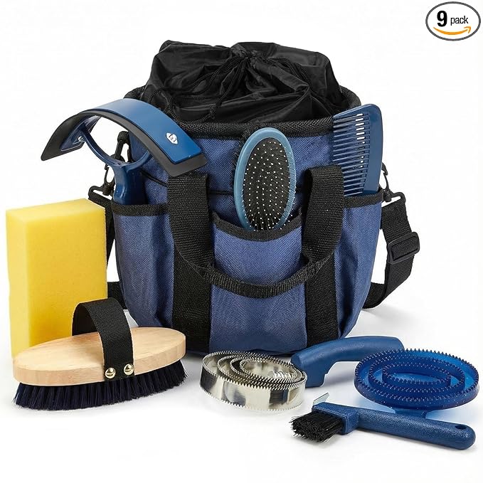 Cunhill 9 Pcs Horse Grooming Kit Tack Room Supplies Set with Tote Bag, Oval Massage Curry, Hard and Soft Brush, Hoof Pick, Sweat Scraper, Bathing Sponge, Comb for Horse Rider(Classic,Dark Blue)