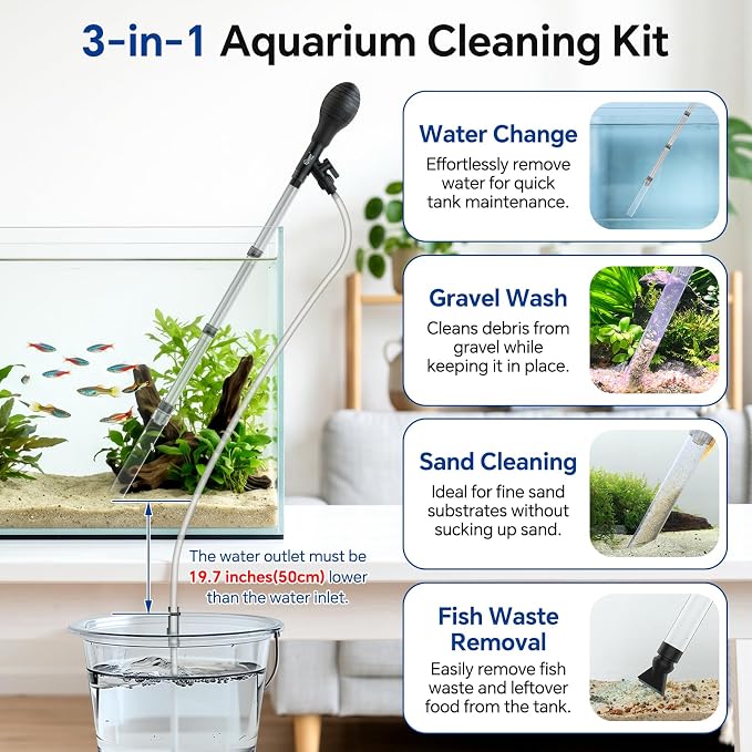 hygger Aquarium Gravel Vacuum Siphon, Adjustable Flow Manual Fish Tank Water Changer for Sand Cleaner with 6.5 Ft Hose, Suction Ball, Aquarium Gravel Cleaner Adjustable Length (Up to 30 Gal Tank)