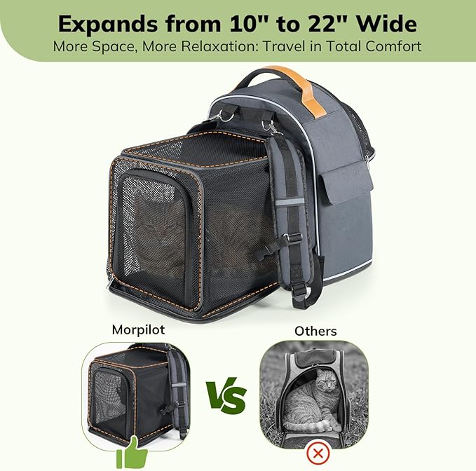 Morpilot Expandable Cat Carrier Backpack for Small Dogs & Cats Up to 25lbs, Breathable Mesh Pet Travel Backpack with Safety Leash, Foldable Airline Approved Carrier for Hiking Camping Outdoor, Grey