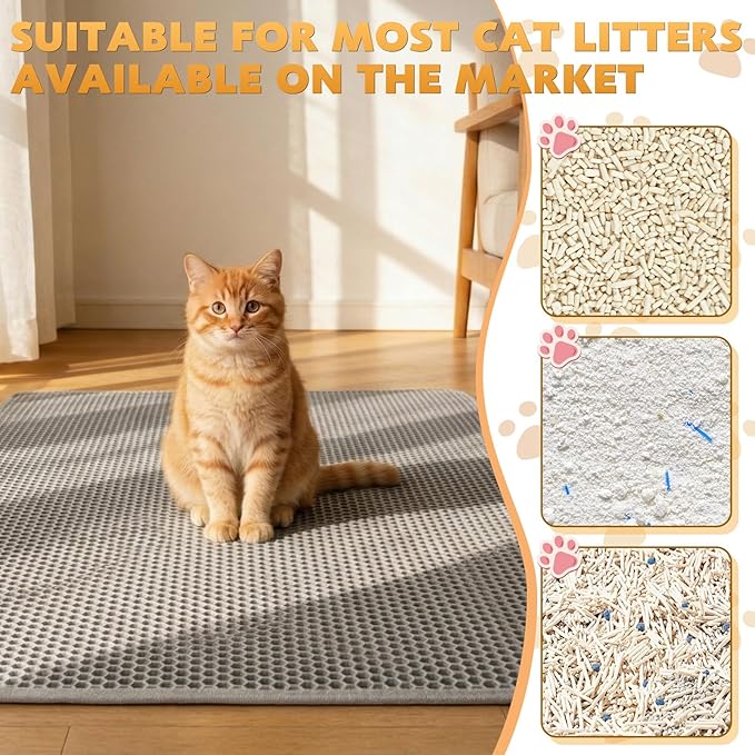 Cat Litter Mat, Honeycomb Double Layer Waterproof & Urine Resistant Non-Slip Litter Trapping, Easy Clean Washable Scatter Control for Litter Box (Gray, 46x26 Inch)