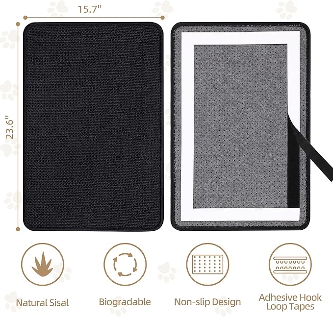 Graciadeco Black Cat Scratching Mat Sisal, 2 Packs Sisal Fabric Large Cat Scratching Pad for Indoor Cats with Adhesive Hook Loop Tape, Wall Scratchers for Indoor Cats 23.6" x 15.7"