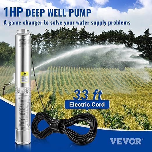VEVOR Deep Well Submersible Pump, 1HP 230V/60Hz, 37gpm Flow 207ft Head, with 33ft Electric Cord, 4" Stainless Steel Water Pump for Industrial, Irrigation&Home Use, IP68 Waterproof Grade | for Industrial Irrigation & Home Use, 4" Stainless Steel Water P...