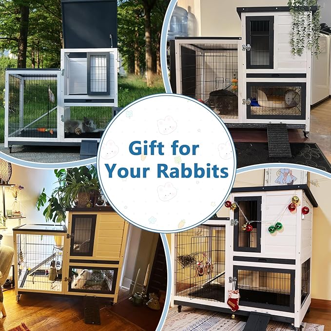 FunXplore 2-Tier Rabbit Cage & Bunny Hutch Indoor Outdoor, 4 Metal Wheels, Chew-Resistant Aluminum-Edged Frames & Ramps, Leak-Proof Trays, Easy Assembly, Spacious for Rabbits & Small Animals