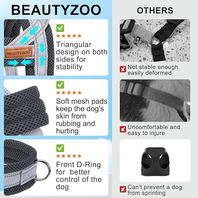 BEAUTYZOO Dog Harness for Small Dogs, No Pull Dog Harness and Leash Set, Soft Escape Proof Puppy Vest Harness with Handle, Reflective Lightweight Step in Harness for Girl Boy Dogs, Grey S