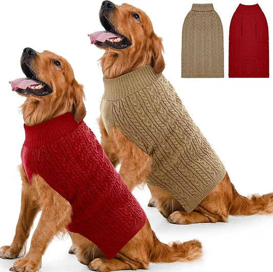 2 Pack Dog Sweaters for Large Dogs Winter Turtleneck Pullover Cable Knit Fleece Stretch Pitbull Labrador Golden Retriever Doberman Bulldog Boy Girl Pet Clothes (XXL, Red & Brown)