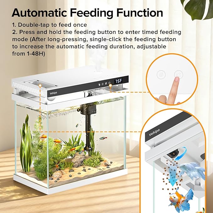 Vehipa Fish Tank Aquarium, 2.2 Gallon White Smart Fish Aquarium Kits | with Auto Feeder, Silent Water Pump, Temperature Display, Smart Humidifier & 7-Color Lighting, for Office & Home