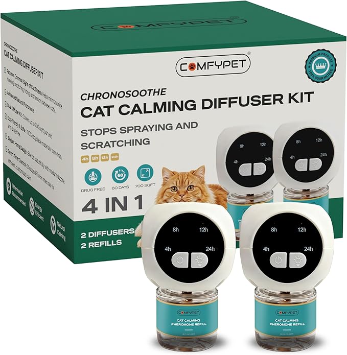 60-Day Cat Calming Diffuser Kit – 2-Pack | 2 Pheromone Diffuser + 2 Refills (48ml Each) | Reduces Anxiety, Spraying, Scratching & Meowing | Timer Modes to Extend Refill Life