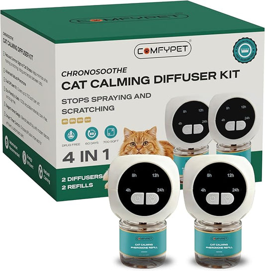 60-Day Cat Calming Diffuser Kit – 2-Pack | 2 Pheromone Diffuser + 2 Refills (48ml Each) | Reduces Anxiety, Spraying, Scratching & Meowing | Timer Modes to Extend Refill Life