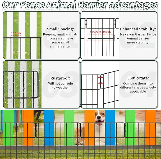 ULIOK Animal Barrier Fence, 25 Panels No Dig Fence, 27ft(L) x 17in(H) Dog Fencing Rabbit Fences, 1.52in Spike Spacing Rustproof Metal Fences Border for Outdoor Yard with Cable Ties and Cutting Plier