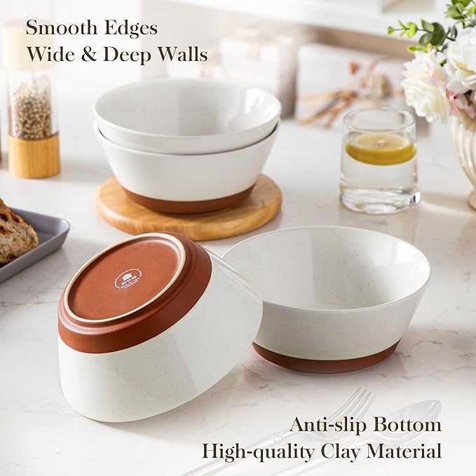 MALACASA Soup Bowls, Ceramic Salad Bowls Set of 4, 36oz Ceramic Bowls for Ramen, Cereal, Fruit and Pho, Microwave & Dishwasher Safe, Speckled Deep Bowls, Vanilla White & Brown