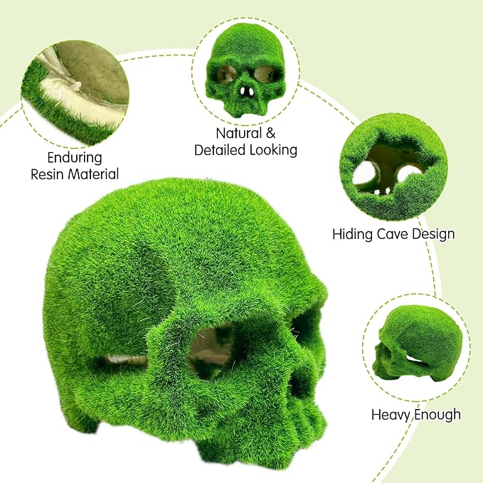 Tfwadmx Mossy Skull Aquarium Decor, Resin Fish Tank Decorations Shrimp Cave Aquarium Betta Fish Hiedout Reptile House for Small Fish