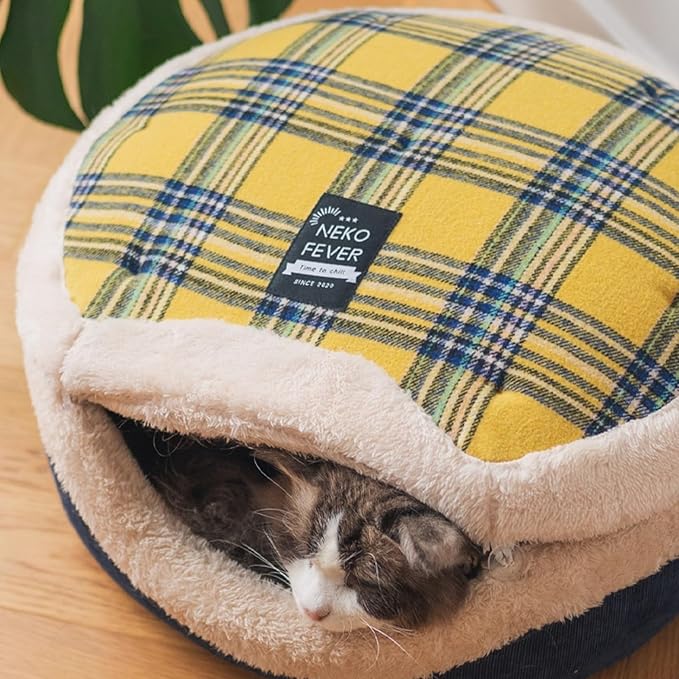 Cat Bed Cave– Enclosed Self Warming Hideaway with Detachable Lid & Mat, Covered House for Indoor Kitten & Kitty (Brown)