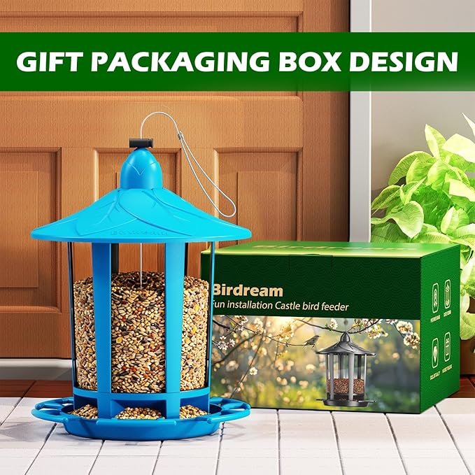 Birdream 2 Pack Bird Feeders for Outdoor Hanging, Assembly Required, 1-Min Easy Setup, Charming Castle Design, Attracting Cardinals Chickadees Goldfinches & Sparrows - Blue