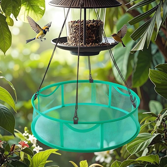 2 Pcs Bird Seed Catcher Trays, 16 Inch Green Spill Guard Platform for Hanging Feeders, Windproof Mesh Seed Hoop with Hooks, Outdoor Feeder Accessory