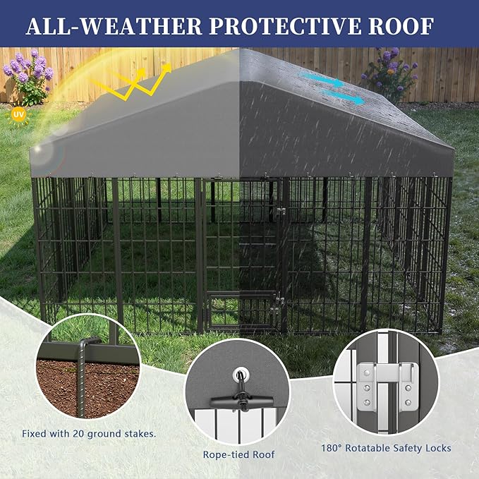Gotland Dog Kennel Outdoor 10 x10 x6 FT, Dog Cage Outdoor for Medium/Large Dogs with Feeding Door Waterproof Roof Double Secure Locks Ground Spikes, All Weather Heavy Duty Dog Enclosure for Backyard