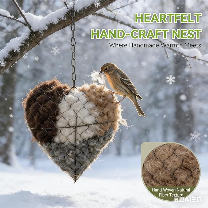 2026 new Handmade Alpaca Fiber Bird nest Heart, Bird nest Material Frame, Winter Wild Bird Tree House, Hummingbird nest Box Outdoor Garden Art Bird House, a Gift for Bird Lovers. (1pc)