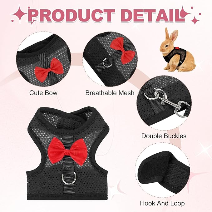 Rabbit Harness and Leash, Small Pet Cute Vest Harness Leash Soft Adjustable Buckle Breathable Mesh (S, Black) for Bunny Kitten Small Pig Puppies Camping Hiking Training