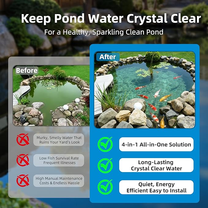 Submersible Pond Filter with Powerful 18W UV Light for Pond Algae Control | 660 GPH 42W High-Performance Pump Build in for 1500 Gal Pond, 3 Spray Patterns Pond Fountain Decoration for Your Pond