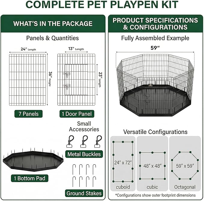 PJYuCien Dog Playpen with Bottom Pad - Metal Foldable Exercise Pen, 8 Panels 36" H x 24" W Indoor Outdoor Pet Fence Puppy Crate Kennel, Black