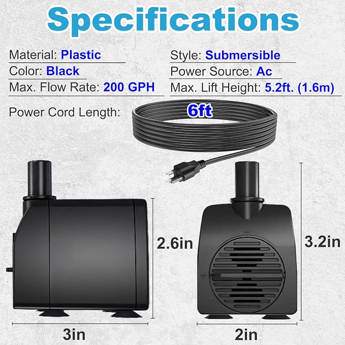 Submersible Water Pump 200GPH 5.2ft. High Lift for Fountains | Ultra Quiet, Over Heating Protection, Perfect for Outdoor Fountain, Hydroponics, Small Pond, Aquarium, Fish Tank