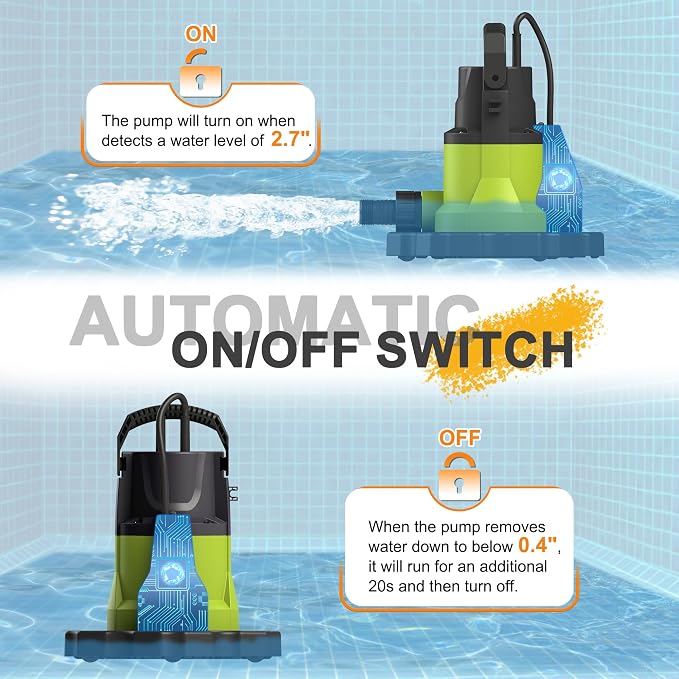 Automatic Pool Cover Pump, 3/4HP 3400GPH Submersible Above Ground Water Removal Pump with Check Valve Adapter, 26FT Power Cord for Pool, Hot Tub, Rooftop, Water Bed, Basement Draining