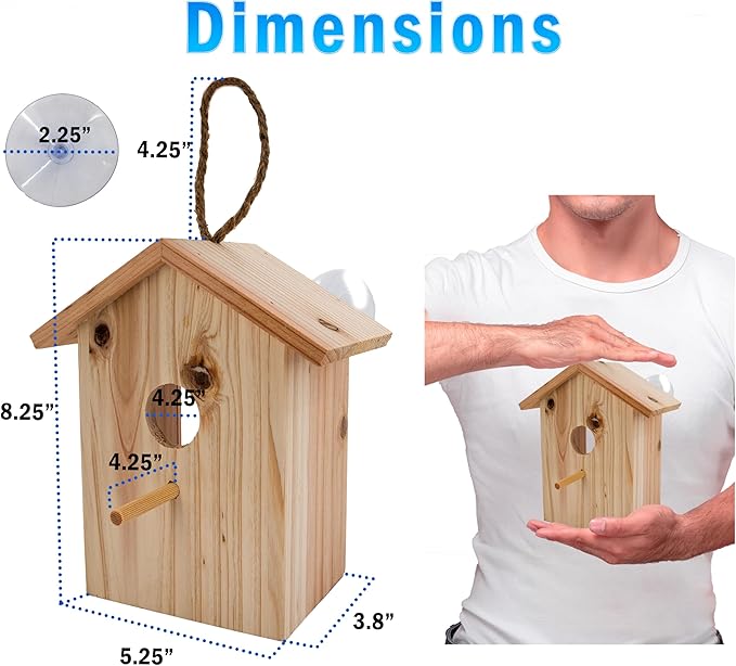 See Through Window Birdh Ouse - Wooden, Large Suction Cups, Hanging Lanyard Rope Bird House - Spy Window Bird Nest Box - Outdoor Bird Watching, Backyard Bird Shelter